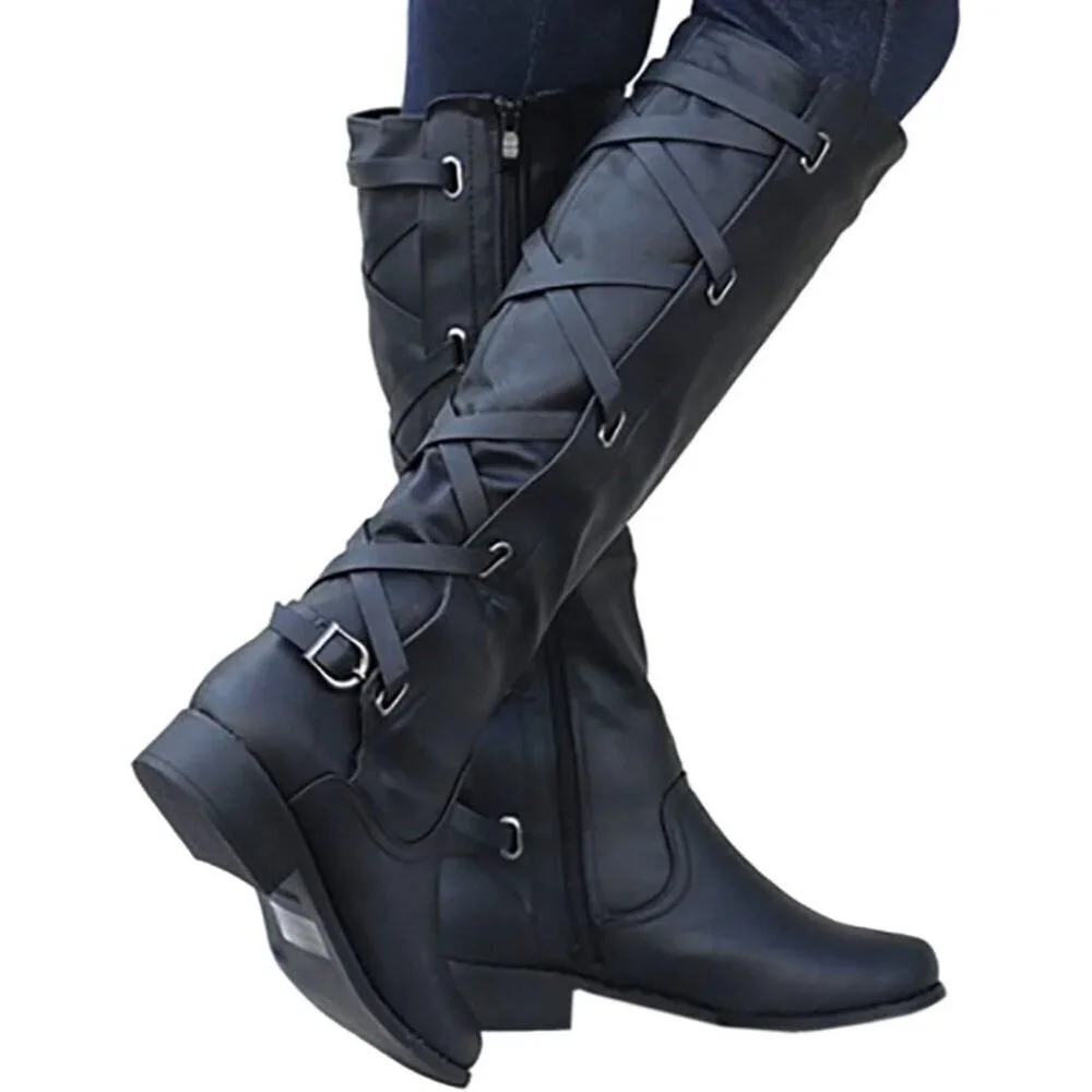 🆕Women Faux Leather Black Strappy Motorcycle Knee High Riding Flat Lace Up Boot